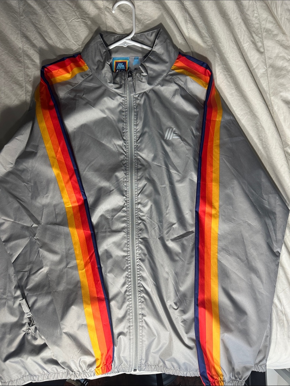 Gray Windbreaker Jacket with Rainbow Stripe